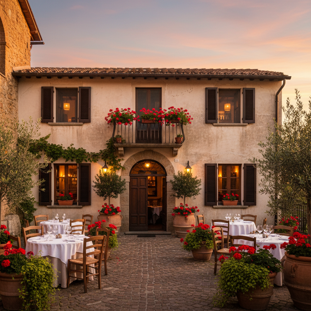 Trattoria italiana con tavoli all'aperto al tramonto