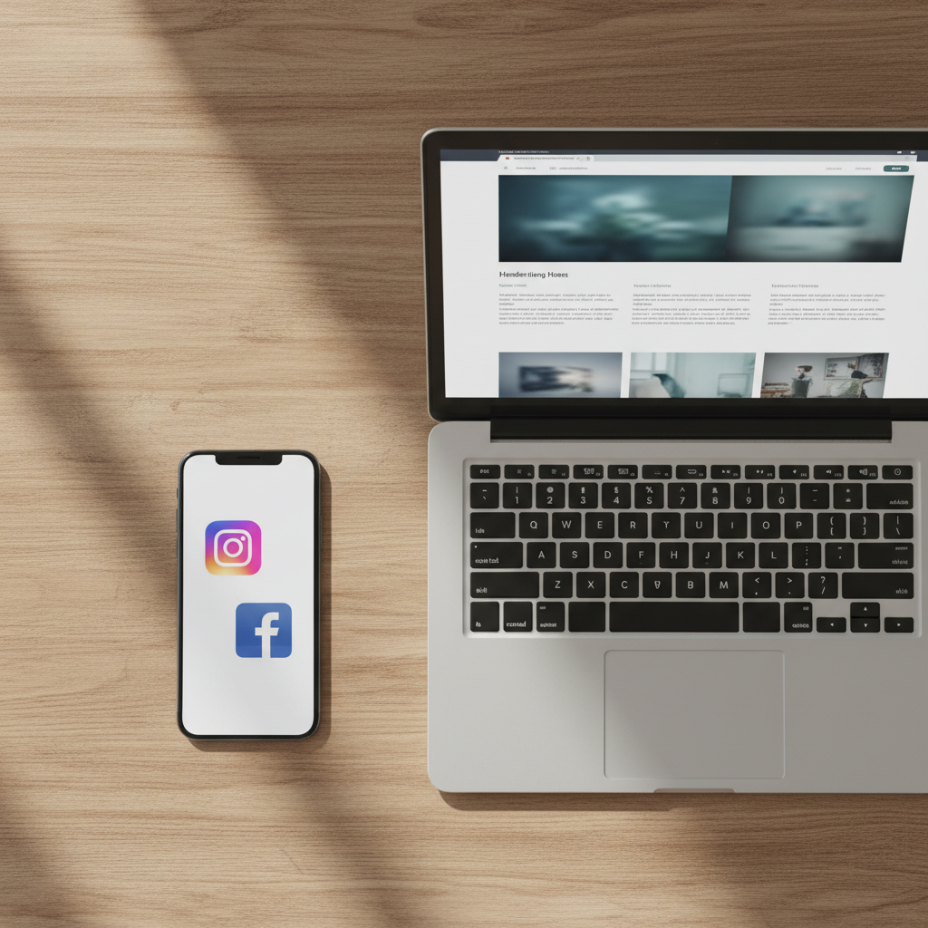 Smartphone con social media accanto a laptop con sito web