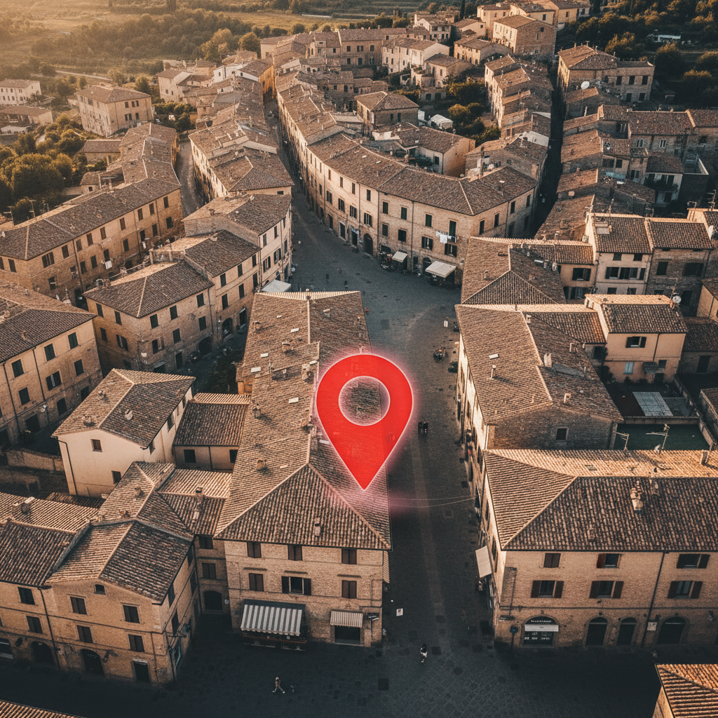 Vista aerea borgo italiano con pin Google Maps