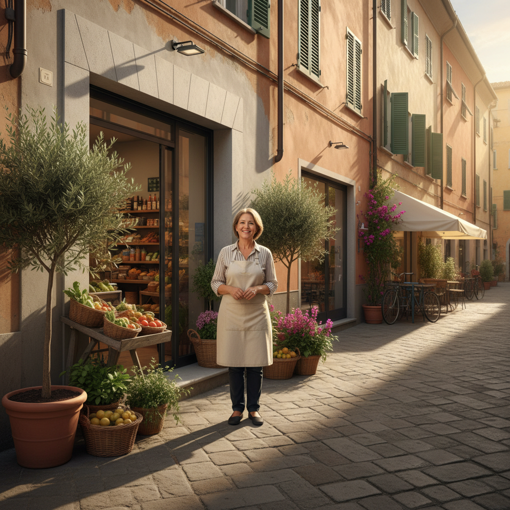 Titolare italiano orgoglioso davanti al suo negozio
