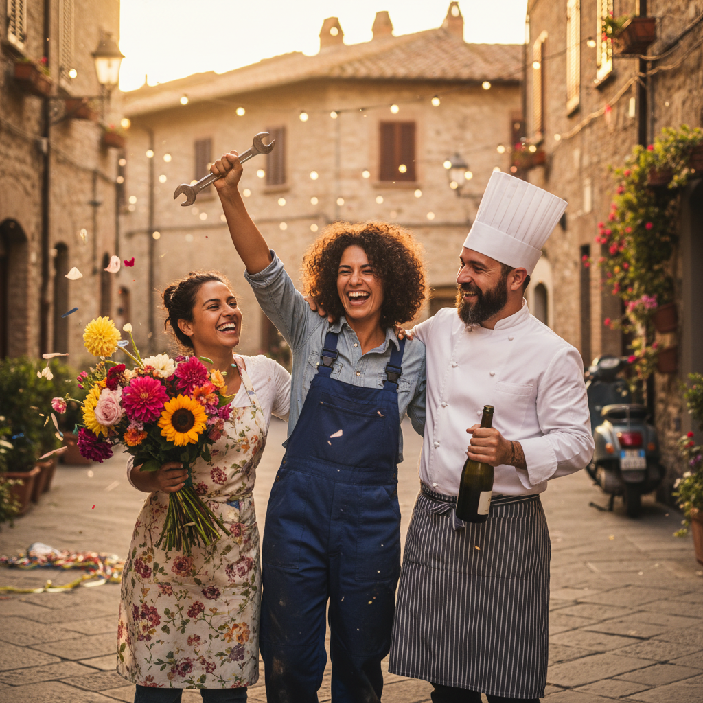 Tre imprenditori italiani festeggiano davanti alle loro attivit&agrave;